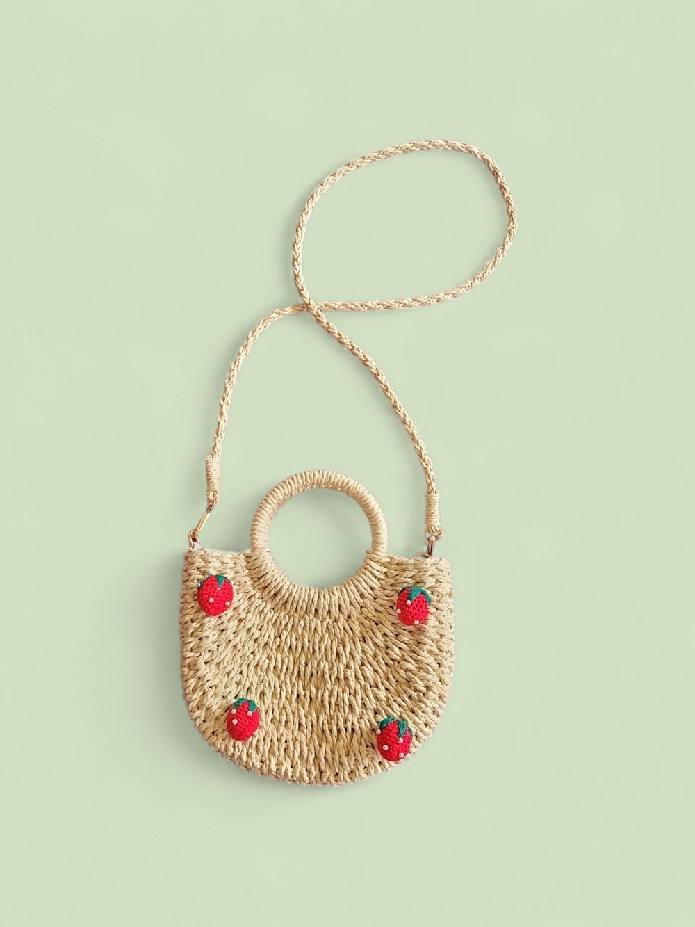 Small Straw Woven Crossbody Bag with Strawberry Embellishments - Natural